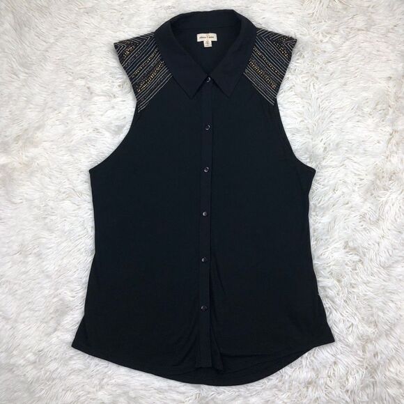 Silence + Noise Black Sleeveless Polo Gold Shoulders Medium - Picture 1 of 6